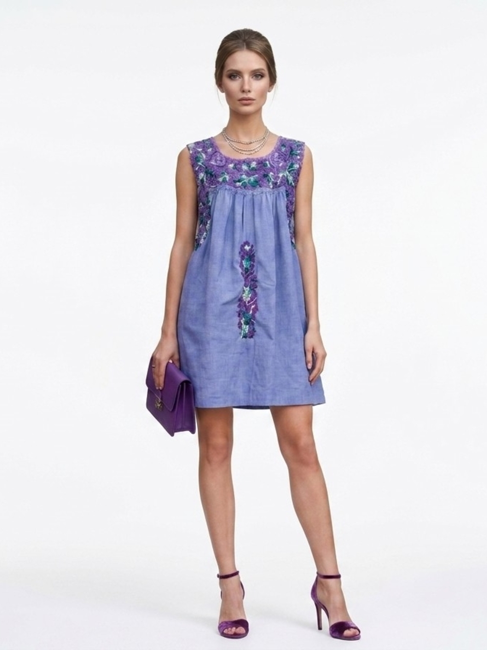 Mi Golondrina Lavender Embroidered Sleeveless Mini Dress
